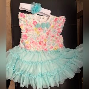 Little Me Pastel Floral Lace Dress with Mint Bow. Matching head band bow too!